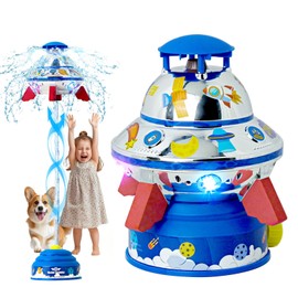 UFO Water Sprinkler Toy - Outdoor Summer Water Rocket with LED Lights & 360°Rotation & Hydraulic Spray | Water Toy Backyard Lawn Birthday Gift for Ages 3-12, STEM Educational Toy + DIY Stickers