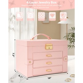 AKOZLIN Large 4-Tier Jewelry Box Leather Jewelry Storage Organizer with 3 Drawers Lockable for Women Girls Ring Necklace Earring Bracelet Watches Holder with Mirror Pink