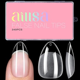 AILLSA Puntas de uñas cortas almendradas - Puntas de uñas postizas preformadas y gruesas, semimate, 240 unidades, 15 tamaños con caja de almacenamient