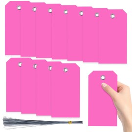 Swpeet 200Pcs Pink 6.29"x3.14" Waterproof Writable Eyelet Hole Plastic Tags with Wires Assortment Kit, Hanging Tags Attached Eyelet Blank Tag for Labeling Luggage Product Identification