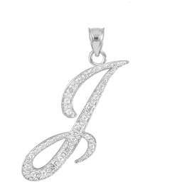 Claddagh Gold Fine .925 Sterling Silver Cubic Zirconia Dangling Cursive Initial A-Z Charm 4/5" Pendant - Letter J