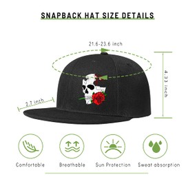 Skull Hats Rose Hat Snapback Hats for Men Skeleton Flower Men's Horror Baseball Caps Flat Bill Brim Snap Backpack Hat Black Adjustable Fitted Hats Cool Rock N Roll