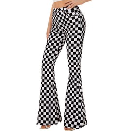 Odefou Bell Bottom Jeans for Women High Waisted Stretch Plaid Flare Jeans Bootcut Pants(Black White Plaid,18)