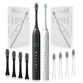HUBAKO Electric Toothbrush with 6 Cleaning Modes Waterproof 2 Minute Timer,Black&White