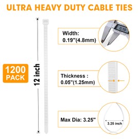 RAZCC Zip Ties, RAZCC 1200pcs Cable Zip Ties 12 Inch, Heavy Duty White Plastic Wire Ties with 50lb Tensile Strength, Self-Locking Nylon Cable Ties, Wire Management for Indoor and Outdoor