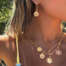 Clearine Charm Necklace Earrings Set for Women, Handmade Paperclip Evil Eye Anchor Flower Gold Pendant Jewellery for Outfit Summer Beach Accessories Pink Gold-Tone