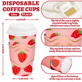 FYSUIMU 50 Set Strawberry Disposable Coffee Cups with Lids and Sleeves Gold Foil Strawberry Paper Drinking Cups Sweet Paper Cups for Birthday Baby Shower Party Supplies