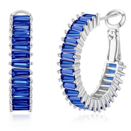 GLOQUAT Blue Sapphire Hoop Earrings 14K White Gold Plated Blue Earring for Women Vintage Cubic Zirconia Hoop Earring Fashion Round Circle Hoops Earrings Sapphire Jewelry for Women 25mm