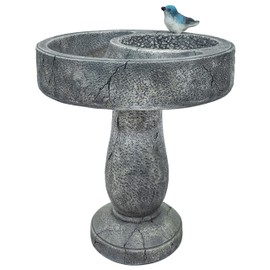 Sunnydaze Resin Bird Bath with Feeder Compartment - Traditional Pedestal Bird Bath - 27" H - Gray