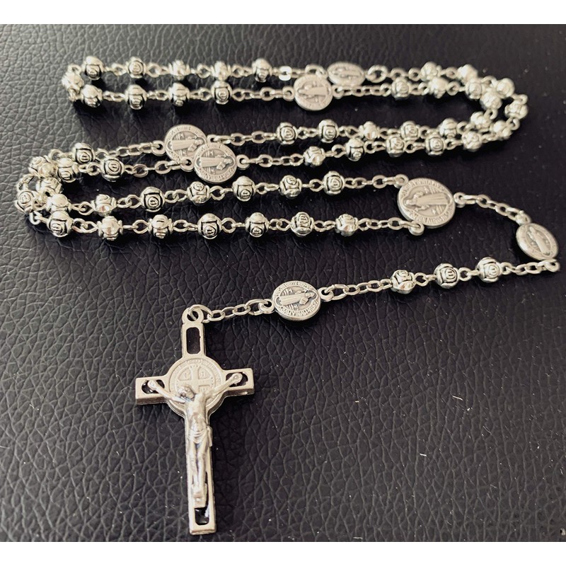 elegantmedical Handmade Silver Rose Beads St. Benedict Rosary Catholic Necklace