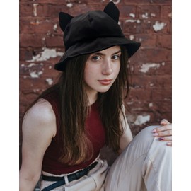 Ladies Cat Ears Bucket Hat Solid Color Fisherman Hat for Women Folding Sun Hat Y2K Style (White)