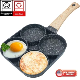 Unbranded 4 Holes Egg Fry Pan Pancake Maker Non-stick Egg Hamburger Pan W/ Wooden Handle