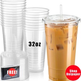 32oz Crystal Clear Plastic Cups with Strawless Sip-Lids – BPA-free, disposable cups with lids, ideal for iced coffee and on-the-go beverages - amount: 100 Sets