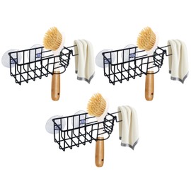Yuibthr Sponge Holder with Dish Cloth Hanger for Kitchen Sink, In-sink Caddy Organizer with Suction Cups & Adhesive Strips, Rustproof Sponge Rack for Soap, Brush, Scrubber - Black（3 Pack）