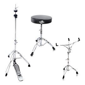 Hi-Hat Stand, Drummers Throne Seat & Snare Stand - 3 PACK Drum Hardware Set by GRIFFIN | Deluxe Chrome Slip-Proof Gear Holder Percussion Kit for Mounting Hihat Cymbals, and Snare Drums