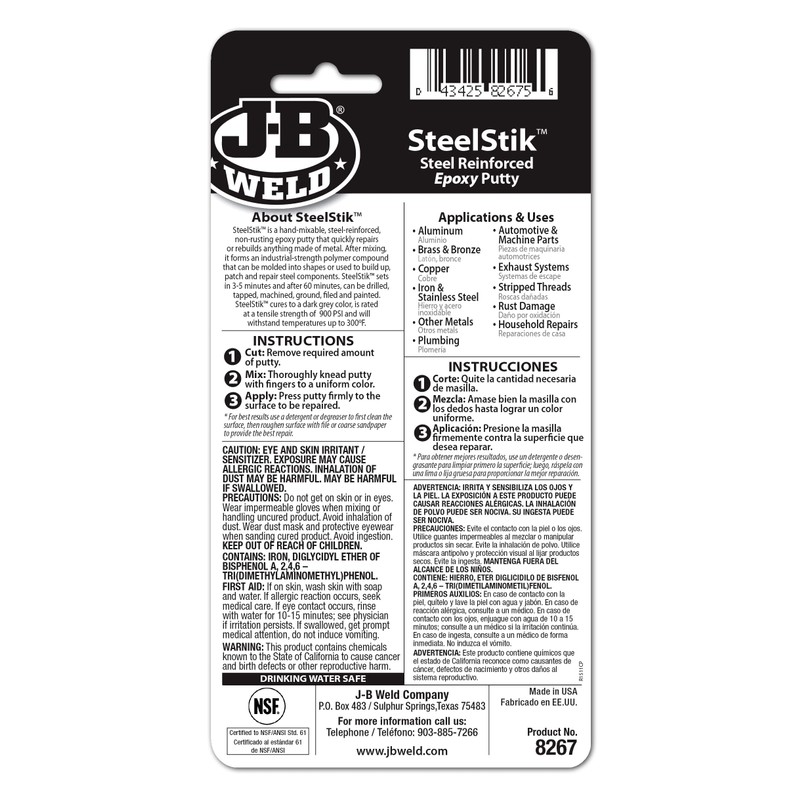 J-B Weld 8267-S SteelStik Steel Reinforced Epoxy Putty Stick -