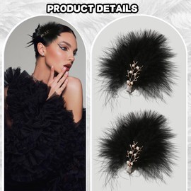 2 Pcs Feather Hair Clips Artificial Swan Ostrich Feather Pearl Fluffy Plush Hair Barrettes Ballet Style Hair Pins Accessories for Women Bride Wedding Valentine Stage Performance Headpiece (Black)