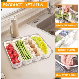 Qivine Contenedores de Almacenamiento de Frutas para Nevera, Transparentes Organizador de Refrigerador con Tapas y 4 Rejillas Drenables, Contenedores de frutas y Verduras para Refrigerador con Asa (4)