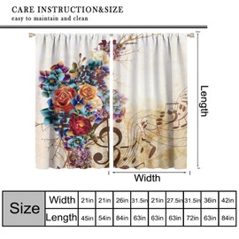 Floral Curtains, Music Notes and Rose Flowers in Vintage Style Window Treatments, Retro Rod Pocket Thermal Insulation Drapes for Bedroom Living Room Decor, 42" W X 45" L