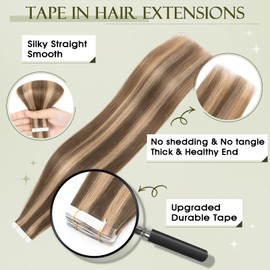 Benehair Tape-In Real Hair Extensions, 30 cm, Tape-In Hair Extensions, Invisible Real Hair Extension with Tapes, Silky Straight Real Hair Extension, 10 Pieces, 20 g, Cold Brown Mixed Light Brown