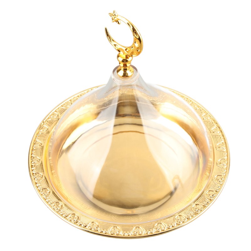 Serving Plate with Dome Golden Embossed Patterns Stainless Steel Acrylic