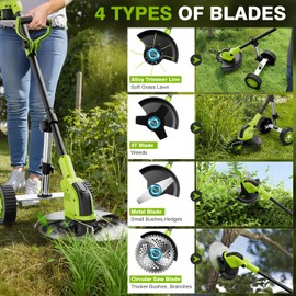 20000 RPM Electric Weed Wacker with Wheel, 2 * 3000mAh Battery, 5 Blade, 12″ Brushless Cordless 4-in-1 Brush Cutter/Weed Eater/Grass Trimmer, Electric String Trimmer 2 Batteries and Charger(Green)