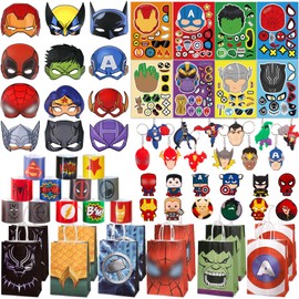 72Pcs Hero Theme Party Favors, Avenger Party Bag Fillers for Kids Boys Girls, Birthday Party Supplies with Mask, Gift Bag, Stickers, Slap Bracelet, Keychains, Shoe Charms