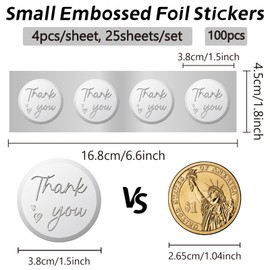 CRASPIRE 100Pcs 1.5 Inch Silver Thank You Envelope Seals Metal Embossed Sticker Self Adhesive Foil Paper Round Heart Word Label Decals for Wedding Graduation Season Certificate Invitations Packaging