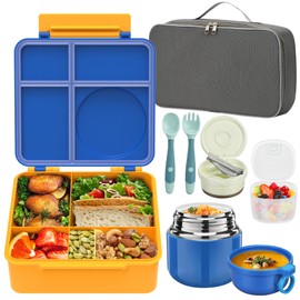 Reeple Bento Lunch Box for Kids with 12oz Soup Thermo, Leak-Proof Lunch Containers with 5 Compartments, Insulated Lunch Bag, Thermo Hot Food Jar with Spoon for Kids to School, Travel, Blue