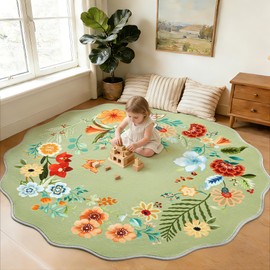 Carvapet 6ft Scalloped Green Round Rug - Sage Floral Washable Carpet