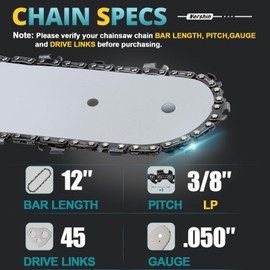 12 Inch Chainsaw Chain, 3/8" LP Pitch, 050" Gauge, 45 Drive Links, Compatible with Greenworks, Echo, Graftsman, Remington and More, Low Kickback Polesaw Chain (4 Pack)