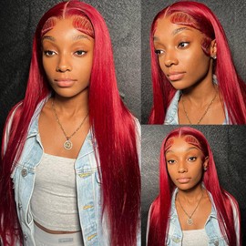 Red Lace Front Wigs Human Hair Straight 13x4 HD Transparent Hot Red Lace Front Wig Human Hair Wear and Go Glueless Red Wigs Pre Plucked with Baby Hair 24 Inch Burgundy Colored Wigs For Black Women
