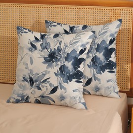 Spring Flower Pillow Covers 22x22 Watercolor Navy Blue Floral Farmhouse Decor Throw Pillows Case for Couch Seasonal Pillowcase Outdoor Decorative Cushion Cases for Sofa Bed Decorations Set of 2