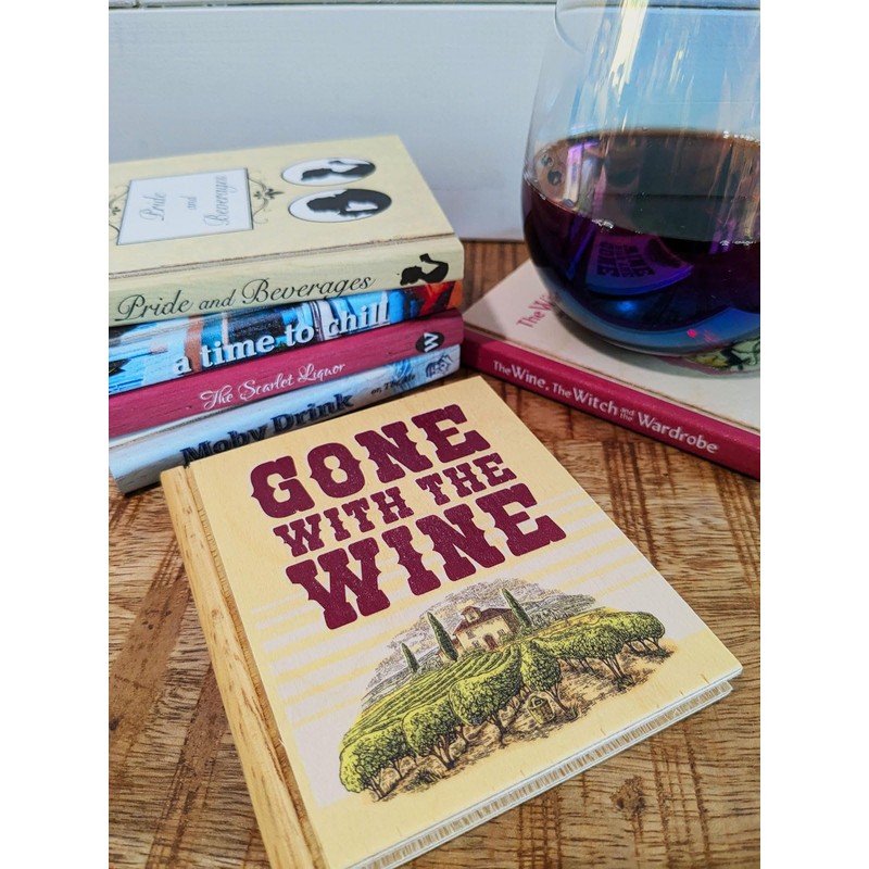Solid Wood Book Shaped Coasters w/drinking puns