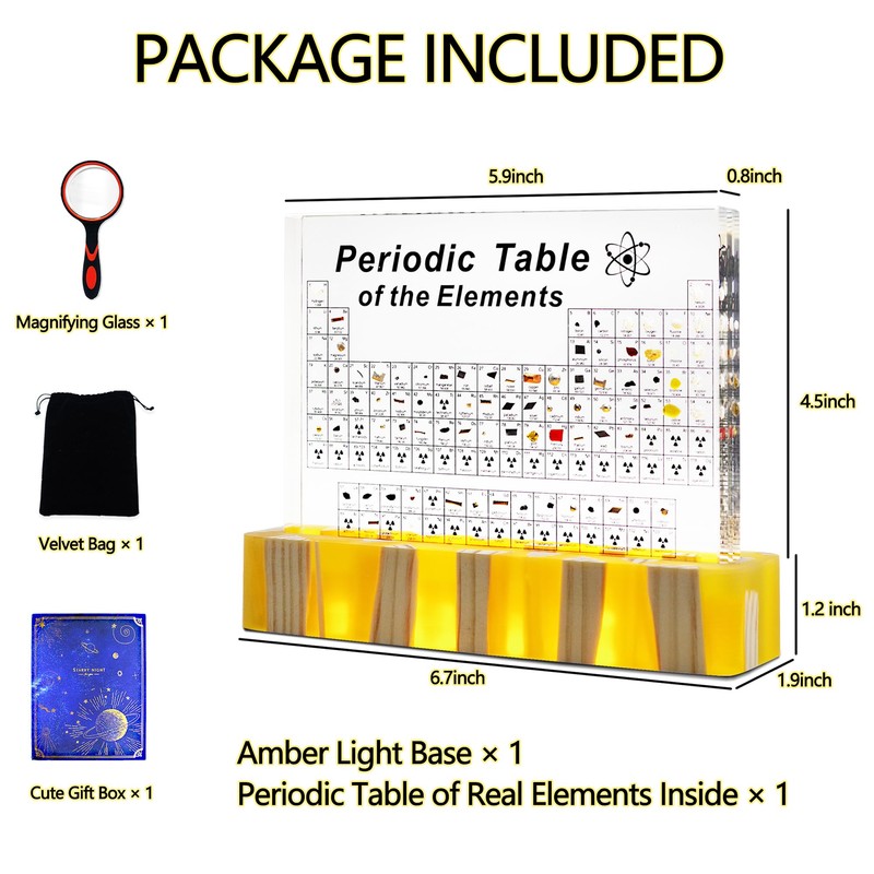 Periodic Table with Real Elements Inside, Amber Lighted Stand Acrylic