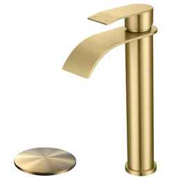 SLOUMKI Brushed Gold Vessel Sink Faucet, High Bathroom Sink Faucet, High Waterfall Bathroom Faucet, Single Handle Basin Faucet, Come with Water Hose and Metal Pop Up Drain Without Overflow Hole