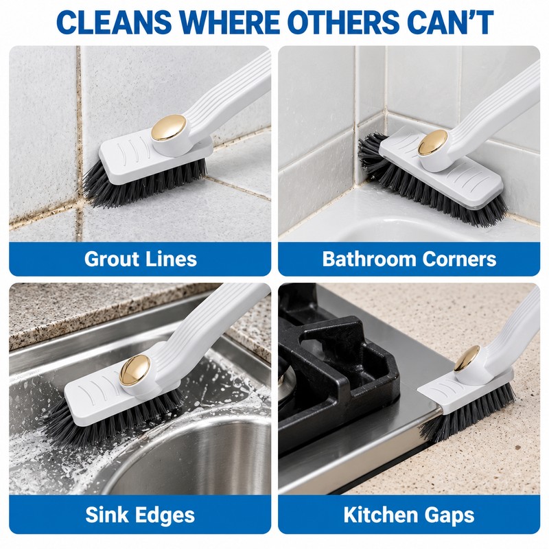 360° Rotating Grout Cleaning Brush with Scraper – Hard Bristle