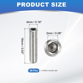 PATIKIL 30 Pcs Hex Socket Grub Screw, M4x16mm Flat Point Grub Bolt 304 Stainless Steel Head Socket Set Screws for Door Handles Light Fixture Repair