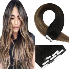 VeSunny Ombre Black Tape in Hair Extensions Tape Ombre Hair Extensions Human Hair Black Ombre Brown Mixed Caramel Blonde Remy Tape in Hair Extensions 10pcs 25g/pack 14inch
