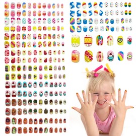 Ideal Swan Kids Stick on Nails, 240 Pcs Fake Nails for Kids Pretty Kid Press on Nail, Girls Nail Tip Cute Cartoon Kid False Nail, Full Cover Short Children Nail Art Decoration with Jelly Glue