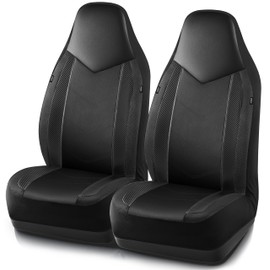 PIC AUTO Leather Car Seat Covers, Sports Carbon Fiber & Mesh Design, High-Back Two Front Set, Waterproof Automotive Seat Covers, Airbag Compatible, Universal Fit for Most Cars (Black & Black)
