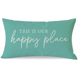 PANDICORN This is Our Happy Place Throw Pillow Cover 12x20 Inch Modern Farmhouse Turquoise Outdoor Spring Summer Beach Decorations Lumbar Decorative Pillow Case for Living Room Bedroom Couch Decor