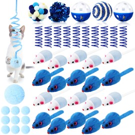 Gemscream 46 Pcs Cat Toys Set Interactive Cat Toys Include Fur Mice Rattle Cat Springs Crinkle Balls Pompom Bell Sisal Ball Puzzle Chase Toys Assorted for Gift Indoor Kitten(Blue)