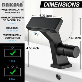 BAKALA Black Waterfall Bathroom Faucets, Single Hole Single Handle Brass Bathroom Sink Faucet Deck Mount, Rv Lavatory Vanity Faucet with 2 Supply Holes