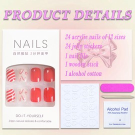Christmas Press on Nails Short Square French Winter Fake Nails Red Full Cover Swirl Candy Cane False Nails with Designs Glossy Glue on Nails Acrylic Nails Manicure Artificial Nails for Women Girls