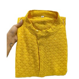 Estationeryhouse Straight fit Men's Kurta Pajama in Cotton (Rayon) Heavy Embroidery work Front and Back (Comes with white pajama) (Yellow, XL)