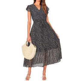 BTFBM Women Summer Bohemian Floral Casual Wrap V Neck Ruffle Cap Sleeveless Belt A-Line Pleated Hem Swing Midi Sun Dress (Floral Black, Small)