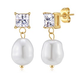 Baroque Pearl Drop Dangle Earrings for Women Cubic Crystal 14K Gold Plated Hypoallergenic Statement Jewelry Gift (Gold)