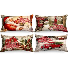 Lanpn Vintage Merry Christmas Lumbar Throw Pillow Covers 12x24 Set of 4, Decorative Long Retro Xmas Santa Cushion Covers Pillow Cases 12 x 24 for Home Bedroom Room Holiday Couch Decor Decorations
