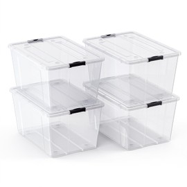 Lifetime Appliance Parts 4 Pack - 75 Qt. Plastic Storage Bin Tote Organizing Container with Ultra Durable Lid and Secure Latching Buckles, Stackable Extra Strength Clear with Black Handle